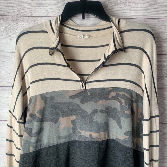 Bibi Pullover Long Sleeve Shirt Quarter Zip Color Block Camo Stripe Size Medium - Picture 3 of 12